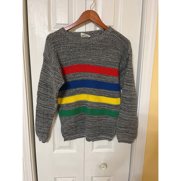 Vintage 80s Gray Acrylic Knit Rainbow Stripe Pull Over Crew Neck Sweater Medium - Picture 1 of 3